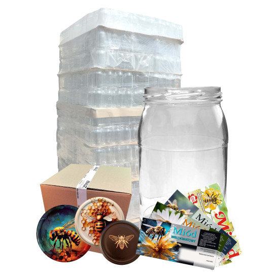 Słoik 0,9L 900ml slim - paleta 1056 szt. +wieczka +etykiety pszczelarskie